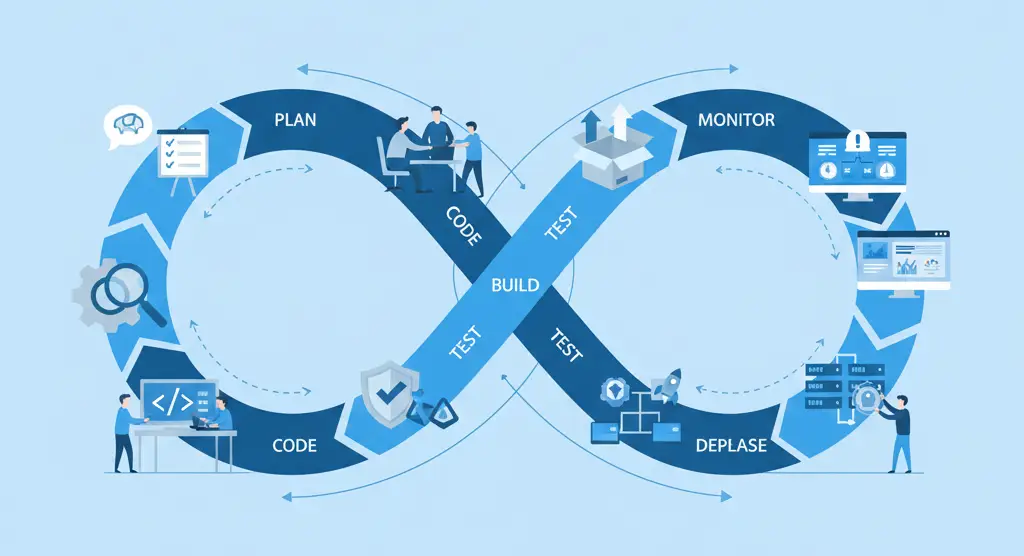 DevOps lifecycle infinity loop showing Plan, Code, Build, Test, Release, Deploy, Operate, and Monitor stages with modern DevOps tooling icons